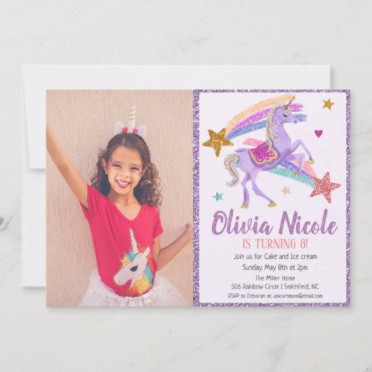 フォトユニコーングリッター誕生日招待状 招待状 (正面)