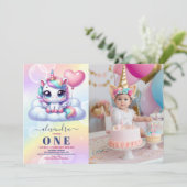 フォトユニコーンレインボーブラクルズ金ゴールド1st誕生日 招待状 (スタンド正面)