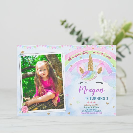 フォトユニコーン誕生日の招待マジカルパーティー 招待状 (スタンド正面)