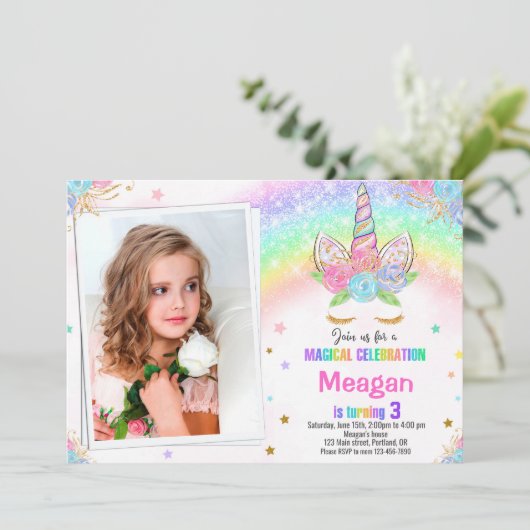 フォトユニコーン誕生日の招待マジカル招待状 招待状 (スタンド正面)
