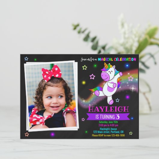 フォトユニコーン誕生日の招待1魔法パーティー 招待状 (スタンド正面)