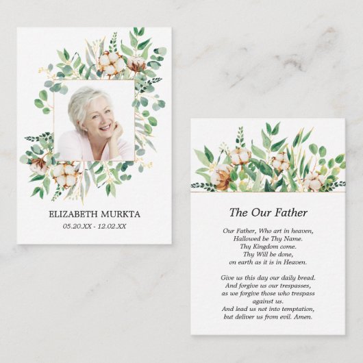 フォトユーカリプトゥスホワイトフローラ葬儀祈りの言葉カード 名刺 (正面/裏面)