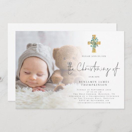 フォトユーカリモダンプタスクロス《キリスト教》洗礼式や命名式 招待状 (正面/裏面)