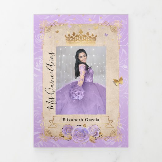 フォトライトエレガントパープルと金ゴールドキンセアニェラ 三つ折り招待状 (カバー)