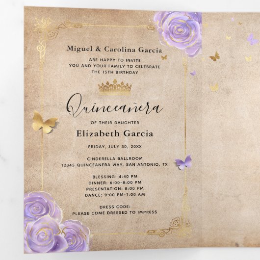 フォトライトエレガントパープルと金ゴールドキンセアニェラ 三つ折り招待状 (内部最初)