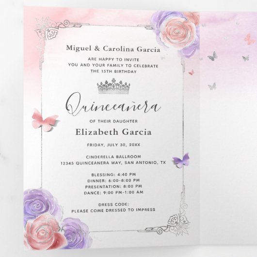 フォトライトパープルとピンクのフローラキンセアニェラ 三つ折り招待状 (内部最初)