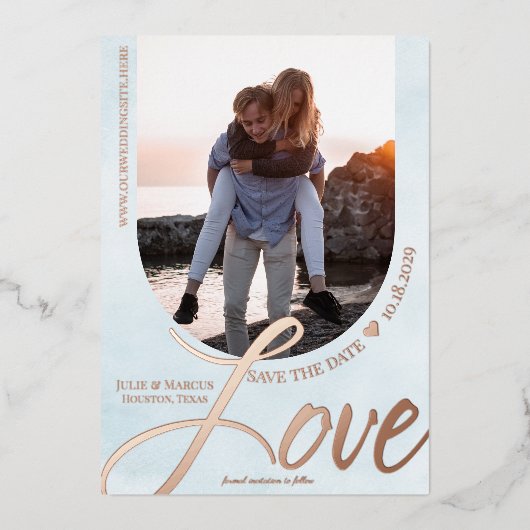 フォトライトブルーの愛のアーチ型フレーム 箔招待状 (正面)