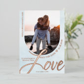 フォトライトブルーの愛のアーチ型フレーム 箔招待状 (立ち正面)