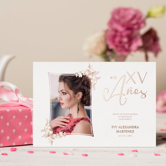 フォトラグジュアリー実在バラ金ゴールドモダンボタニカルフレーム 箔招待状