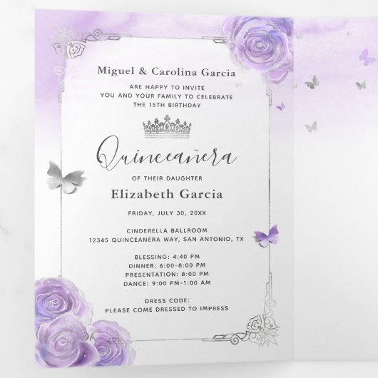 フォトラスペインのイトパープルとシルバーキンセアニェラ 三つ折り招待状 (内部最初)