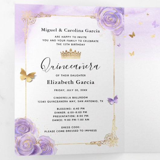 フォトラスペインのイトパープルと金ゴールドキンセアニェラ 三つ折り招待状 (内部最初)