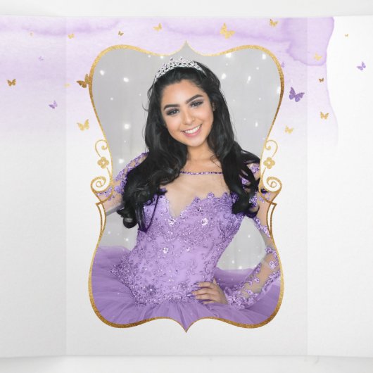 フォトラスペインのイトパープルと金ゴールドキンセアニェラ 三つ折り招待状 (内部中)