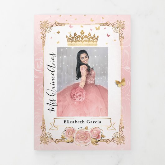 フォトラスペインのイトピンクと金ゴールドキンセアニェラ 三つ折り招待状 (カバー)