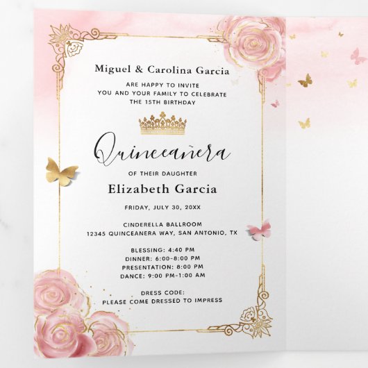 フォトラスペインのイトピンクと金ゴールドキンセアニェラ 三つ折り招待状 (内部最初)