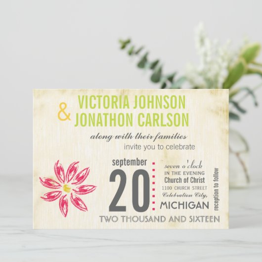 フォトラズベリーハンドドローデイジーウェディング招待 招待状 (スタンド正面)