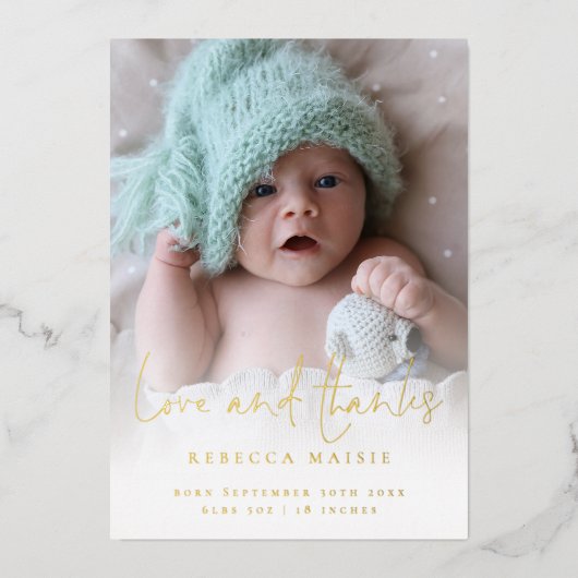 フォトラブ感謝してい生誕生発表ラグジュアリー 箔招待状 (正面)