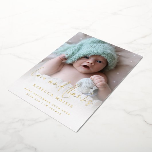 フォトラブ感謝してい生誕生発表ラグジュアリー 箔招待状 (回転した状態)