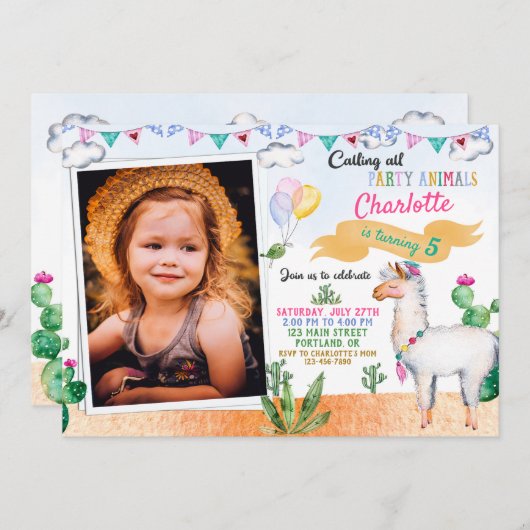 フォトラマの誕生日の招待状アルパカの招待状 招待状 (正面/裏面)