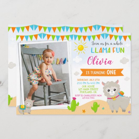 フォトラマの誕生日の招待状アルパカの招待状 招待状 (正面/裏面)