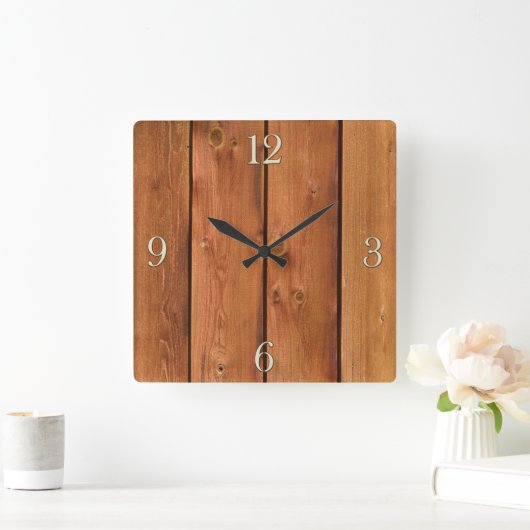 フォトリアリスティック素朴な処理された木板 スクエア壁時計 (ホーム)