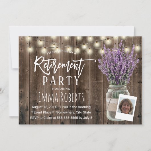フォトリタイア素朴ルラベンダーメイソンジャールウッド 招待状 (正面)