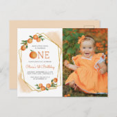 フォトリトルかわいこちゃんオレンジ1st誕生日招待状 ポストカード (正面/裏面)