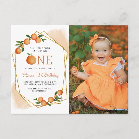 フォトリトルかわいこちゃんオレンジ1st誕生日招待状 ポストカード (正面)