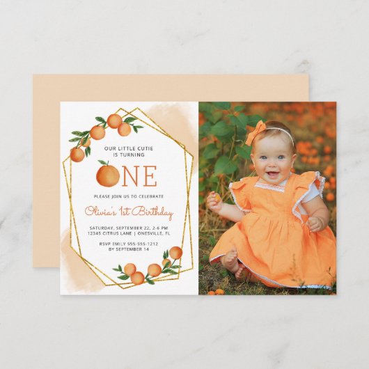 フォトリトルかわいこちゃんオレンジ1st誕生日招待状 招待状 (正面/裏面)