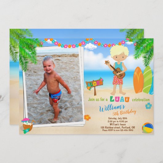 フォトルアウ（ハワイ式宴会）の誕生日の招待ハワイアンの招待 招待状 (正面/裏面)