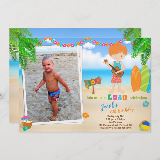 フォトルアウ(ハワイ式宴会)誕生日の招待サマービーチパーティー 招待状 (正面/裏面)