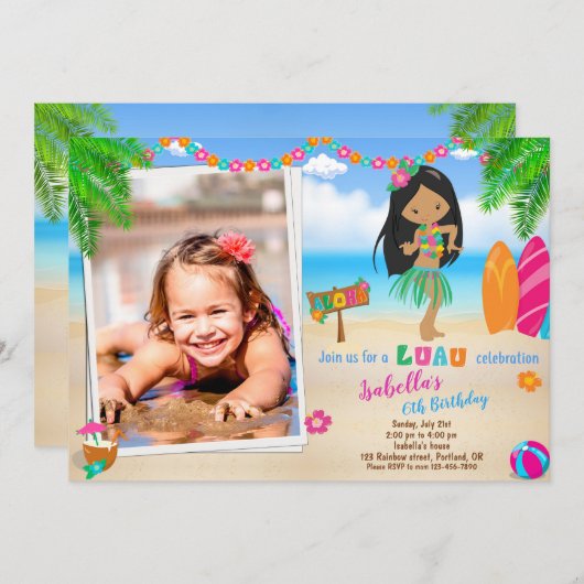 フォトルアウ(ハワイ式宴会)誕生日の招待サマービーチパーティー 招待状 (正面/裏面)