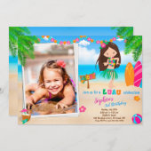 フォトルアウ(ハワイ式宴会)誕生日の招待トロピカルビーチガール 招待状 (正面/裏面)