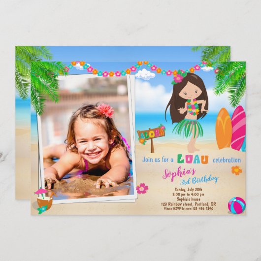 フォトルアウ（ハワイ式宴会）誕生日の招待トロピカルビーチガール 招待状 (正面/裏面)
