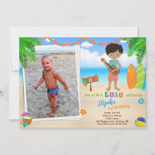 フォトルアウ（ハワイ式宴会）誕生日の招待トロピカルビーチボーイ 招待状 (正面)
