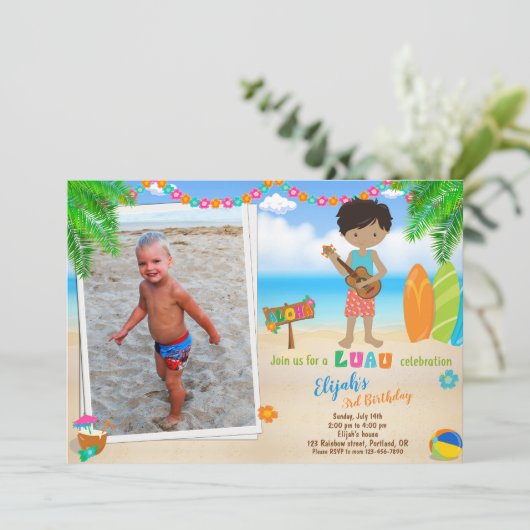 フォトルアウ（ハワイ式宴会）誕生日の招待トロピカルビーチボーイ 招待状 (スタンド正面)