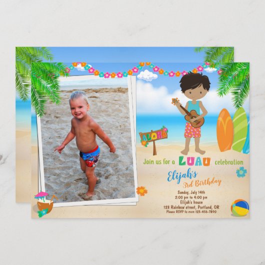 フォトルアウ(ハワイ式宴会)誕生日の招待トロピカルビーチボーイ 招待状 (正面/裏面)