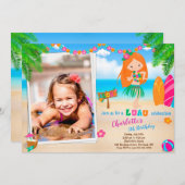 フォトルアウ（ハワイ式宴会）誕生日の招待ハワイアンの女の子ビーチ 招待状 (正面/裏面)