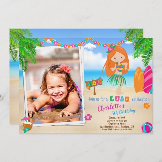 フォトルアウ（ハワイ式宴会）誕生日の招待ハワイアンの女の子ビーチ 招待状 (正面/裏面)