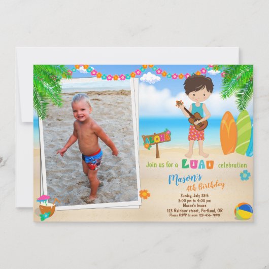 フォトルアウ（ハワイ式宴会）誕生日ルアウ（ハワイ式宴会）招待ボーイ 招待状 (正面)