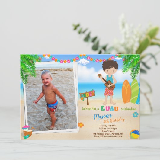 フォトルアウ（ハワイ式宴会）誕生日ルアウ（ハワイ式宴会）招待ボーイ 招待状 (スタンド正面)
