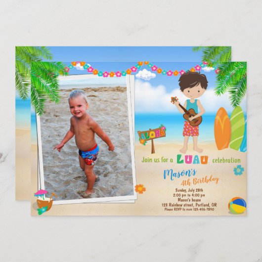 フォトルアウ（ハワイ式宴会）誕生日ルアウ（ハワイ式宴会）招待ボーイ 招待状 (正面/裏面)