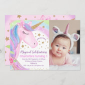 フォトレインボースターズユニコーン誕生日招待状 招待状 (正面/裏面)