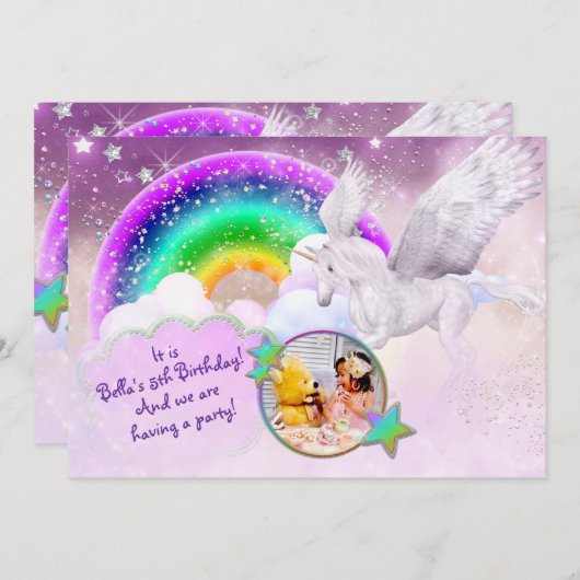 フォトレインボーユニコーンパーティの招待状 招待状 (正面/裏面)