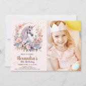 フォトレインボーユニコーン金ゴールドグリッターガール誕生日 招待状 (正面)