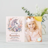 フォトレインボーユニコーン金ゴールドグリッターガール誕生日 招待状 (スタンド正面)