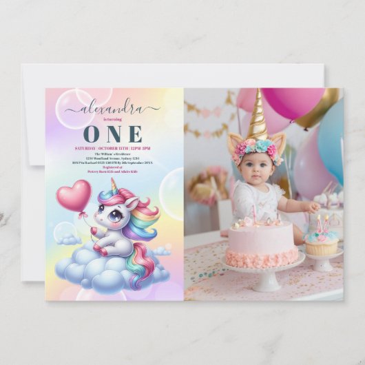 フォトレインボーユニコーン金ゴールドグリッター1st誕生日 招待状 (正面)