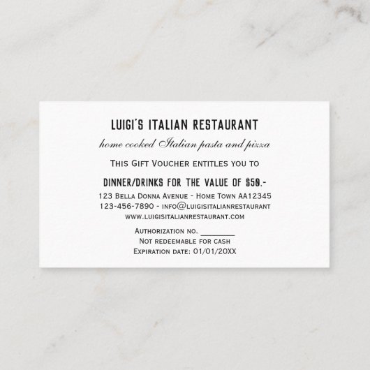 フォトレストライタリアンンのギフト券 割引カード (裏面)