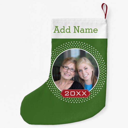 フォトレッドグリーン水玉模様のフレームとカスタム年 スモールクリスマスストッキング (裏面)
