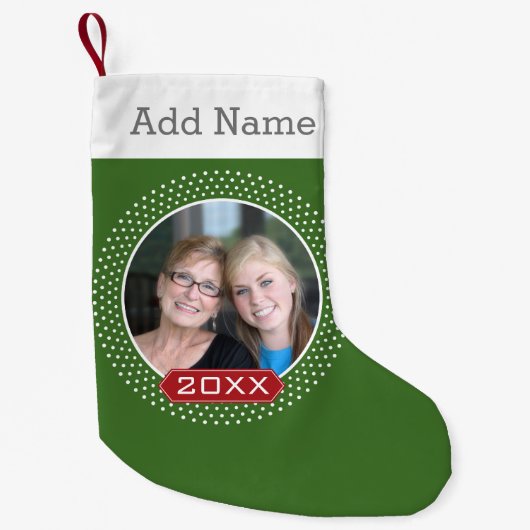 フォトレッドグリーン水玉模様のフレームとカスタム年 スモールクリスマスストッキング (正面)