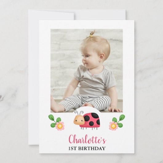 フォトレッドブラック私たちの小さなLadybug 1st誕生日 招待状 (裏面)